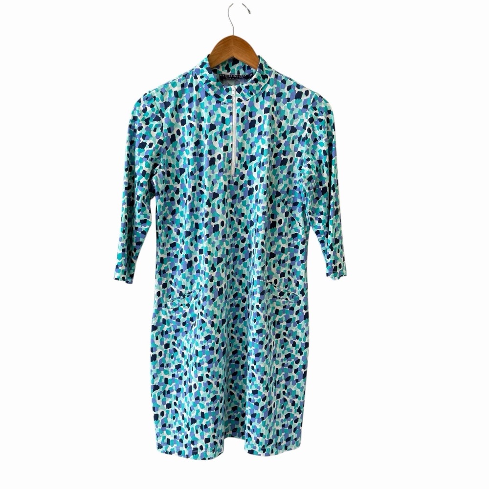 Katherine Way 1/4 Zip Geometric Shift Dress Womens M Blue Purple Preppy Beach